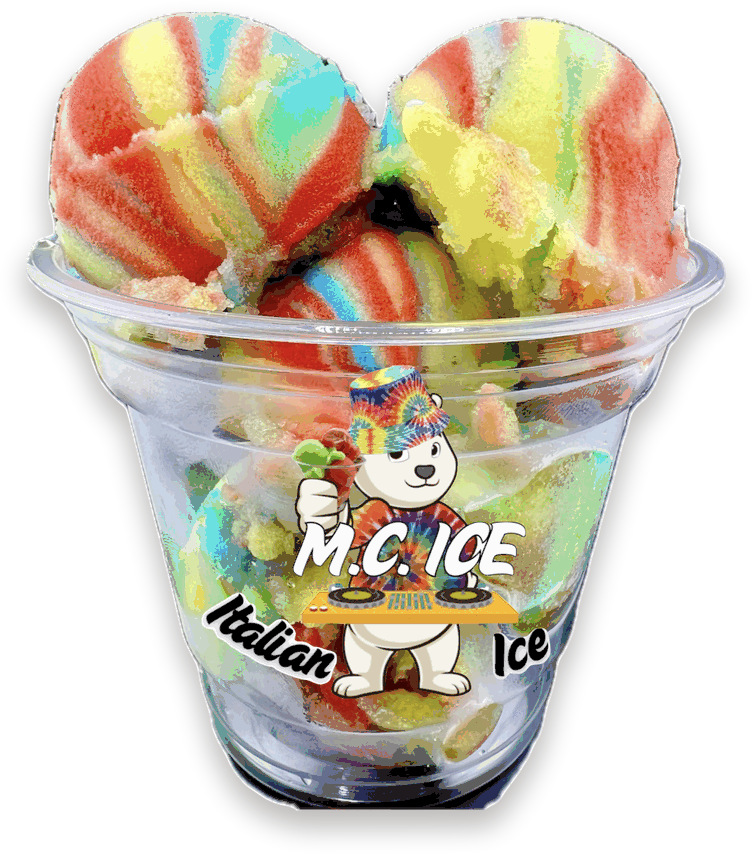 A cup of rainbow-swirled Italian ice with the M.C. Ice logo